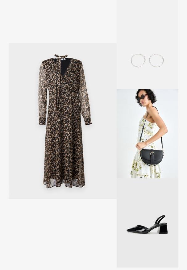 Rochie cu un model negru și bej, cu mâneci lungi din material transparent, decolteu în V, guler legat, design înfășurat și fustă vaporoasă.; Pantofi cu toc slingback din piele lacuită neagră, cu vârf ascuțit și toc geometric. Prezintă un design elegant, minimalist și o textură netedă.; Geantă din piele neagră, cu o formă curbată, curea detașabilă și accesorii aurii. Geanta are un capac cu un detaliu tip cataramă.; Cercei din argint cu un design elegant și rotund, având o suprafață netedă și fără embellismente vizibile. Diametrul nu este specificat.