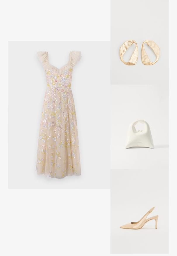 Beiges, floral gesticktes Kleid mit Rüschenträgern, das einen taillierten Oberteil und einen fließenden Rock aufweist, verziert mit bunten Pailletten und Akzenten.; Nude patentleder Slingback-Absatzschuh mit spitzer Zehenpartie, offenem Vorderblatt und dünnem Stiletto-Absatz. Verfügt über ein kreisförmiges goldfarbenes Akzent auf dem Riemen.; Weiße Handtasche mit einem strukturierten, geschwungenen Design. Verfügt über einen auffälligen Griff und einen abgerundeten Boden, mit einer glatten Oberfläche und minimalem Beschlag.; Ein Paar unregelmäßige, oval geformte Ohrringe aus goldfarbenem Metall mit einer strukturierten, leicht gehämmerten Oberfläche auf weißem Hintergrund.