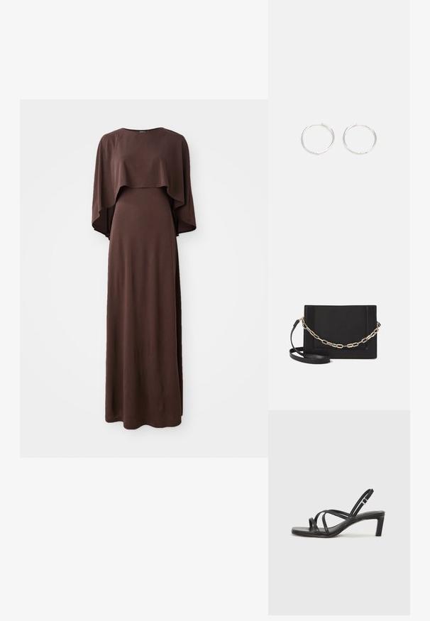 Ruda maxi suknelė su laivagalio iškirpte ir plačiomis apsiausto rankovėmis. Pagaminta iš minkštos medžiagos su lygiu paviršiumi, pasižymi prigludusia siluetu.; Juodi šlepetės su kvadratiniu pirštu ir žemu bloku kulnu. Yra keli ploni dirželiai ir reguliuojamas kulkšnies diržas. Pagaminti iš lygios odos.; Juodas odinis per petį nešiojamas krepšys turi lygų paviršių, stačiakampio formą ir metalinę grandinėlę priekyje. Pridedama reguliuojama dirželis.; Sidabrinės auskarai žiedai su sėslia, apvalia forma, pasižymintys lygia paviršiumi ir be matomų puošmenų. Svoris nenurodytas.