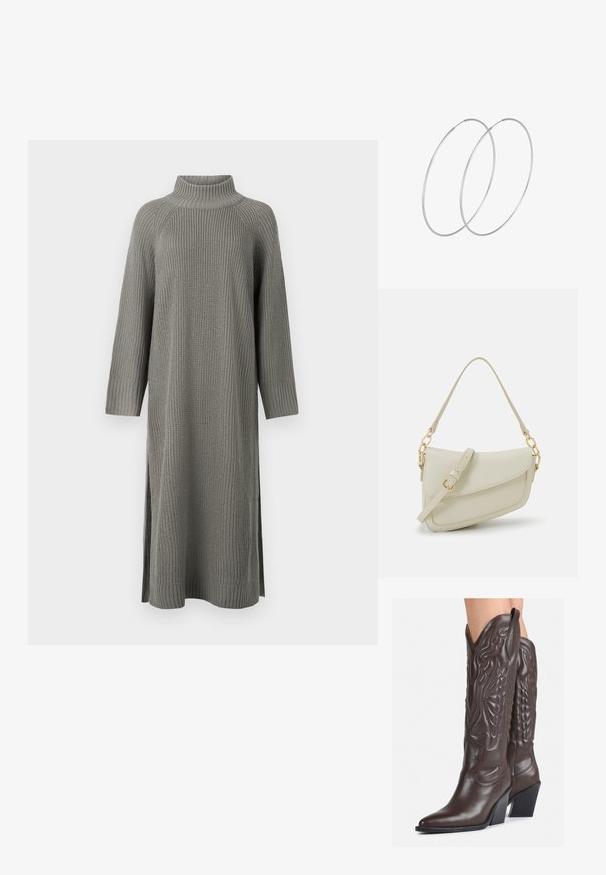 Pelēks adīts kleita ar augstu apkakli, garām piedurknēm, ribotām aprocēm un sānu šķēlumiem, lai nodrošinātu brīvību kustībām. Strukturēta auduma struktūra pievieno dziļumu.; Brūni ādas kovboju zābaki ar norādītu purngalu un blokveida papēdi, ar detalizētu šūšanu un paceltiem akcentiem uz kājas daļas.; Maza krēmkrāsas rokas soma ar teksturētu apdari, garu regulējamu siksniņu, ķēdes akcentu un vāciņa aizdari. Zelta aparatūras detaļas.; Sudraba gredzenveida auskari ar minimālistisku dizainu. Cirkulāra forma, gluda tekstūra un plāns profils. Vieglu svaru ar spīdīgu apdari.