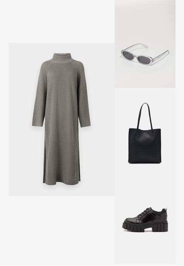 Vestido de malha cinza com gola alta, mangas longas, punhos canelados e aberturas laterais para facilitar o movimento. O tecido texturizado acrescenta profundidade.; Sapatos de plataforma em couro preto com um salto bloco robusto, bico redondo e design clássico de atacadores. Apresentam uma textura suave e detalhes mínimos.; Óculos de sol com formato oval, armação de plástico transparente, lentes cinza-escuro e hastes finas transparentes com detalhes do logótipo e um design minimalista.; Bolsa tote preta em couro com textura lisa, forma retangular e duas alças longas. Sem hardware ou enfeites visíveis.
