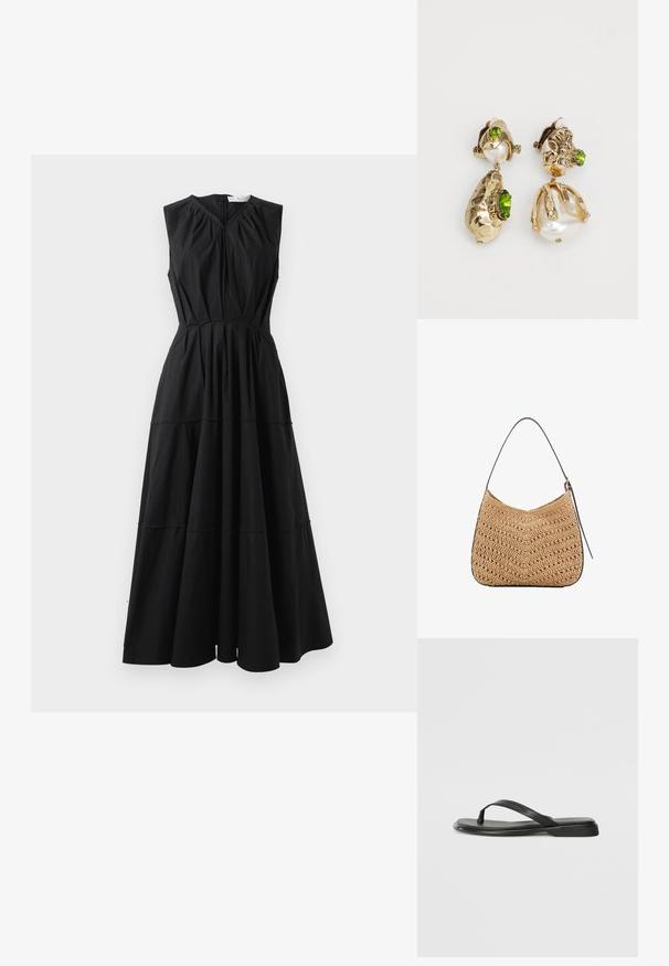 Czarna sukienka bez rękawów z dekoltem w kształcie V, marszczonym gorsetem i warstwowym dołem. Wykonana z gładkiego materiału o delikatnym połysku. Zamek z tyłu.; Czarne klapki wykonane z gładkiej skóry, z cienkim paskiem i płaską podeszwą o minimalistycznym profilu. Brak widocznych wzorów lub akcentów.; Woven straw shoulder bag in a curved shape, with a dark leather strap and a textured surface featuring a chevron pattern.; Złote kolczyki mają nieregularne teksturowane kształty, ozdobione zielonymi kamieniami szlachetnymi i białymi perłami, zapinane na zapięcia typu clip-on.