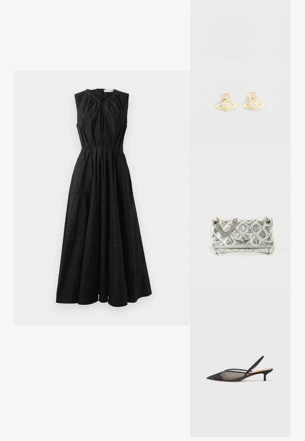 Čierne šaty bez rukávov s výstrihom do V, zhromaždeným telom a dizajnom vrstvenej sukne. Vyrobené z hladkej látky s jemným leskom. Zapínanie na zips na zadnej strane.; NEOUS IRENA - Klasické lodičky na opätku - black; Strieborná metalická kabelka s reťazovým držadlom, prešívanou textúrou, dekoratívnym prešívaním a zipsovým uzáverom. Na prednej strane má vyrazené akcenty.; Náušnice so zlatým odtieňom v tvare Saturna s textúrovaným pásom a osadenými kruhovými kryštálmi pre väčší lesk.