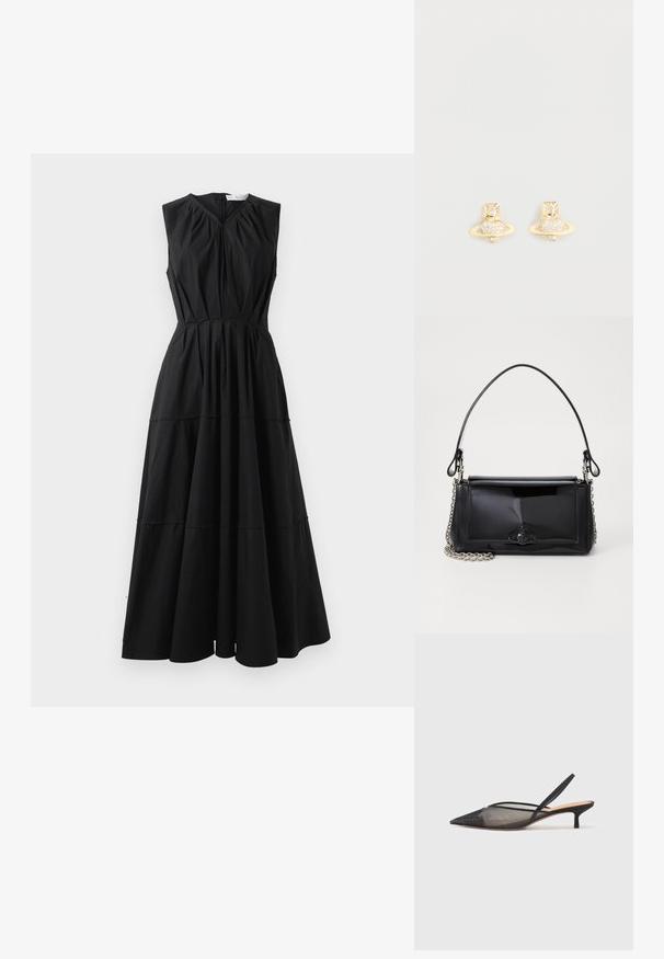 Zwart mouwloos jurk met een V-hals, bijeen geraapte lijfje en een tiered rok ontwerp. Gemaakt van een zachte stof met een subtiele glans. Ritsluiting aan de achterkant.; NEOUS IRENA - Klassieke pumps - black; Zwart gepatineerd leren handtas met een rechthoekige vorm, kettingband en een opvallend hardwareaccent in het midden. Gladde textuur.; Gouden studs oorbellen met een Saturnus ontwerp, voorzien van een gestructureerde band en ingebedde cirkelvormige kristallen voor extra sprankeling.