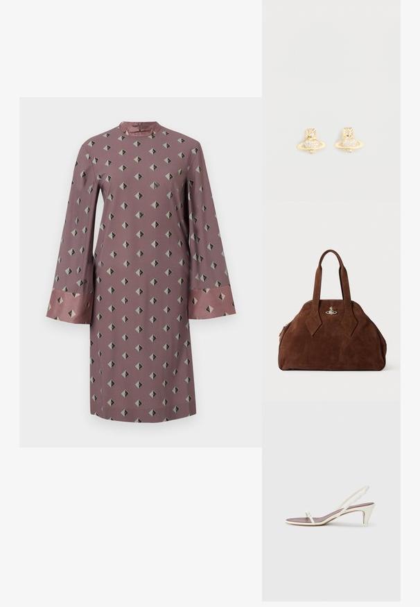Langærmet kjole i støvet rose stof med et geometrisk diamantmønster i mørkegrå og sort, med kontrasterende satinmanchetter.; Hvide slingback sandaler med en let hæl, tynde stropper og en glat læderoverflade; har en lille dekorativ spænde.; Brun suede håndtaske med en struktureret form, rund krop og forlængede diamantformede håndtag. Har en hardwarelukning i sølv.; Guldtonede studs med et Saturn-design, der har et struktureret bånd og indlagte, cirkulære krystaller for ekstra glans.
