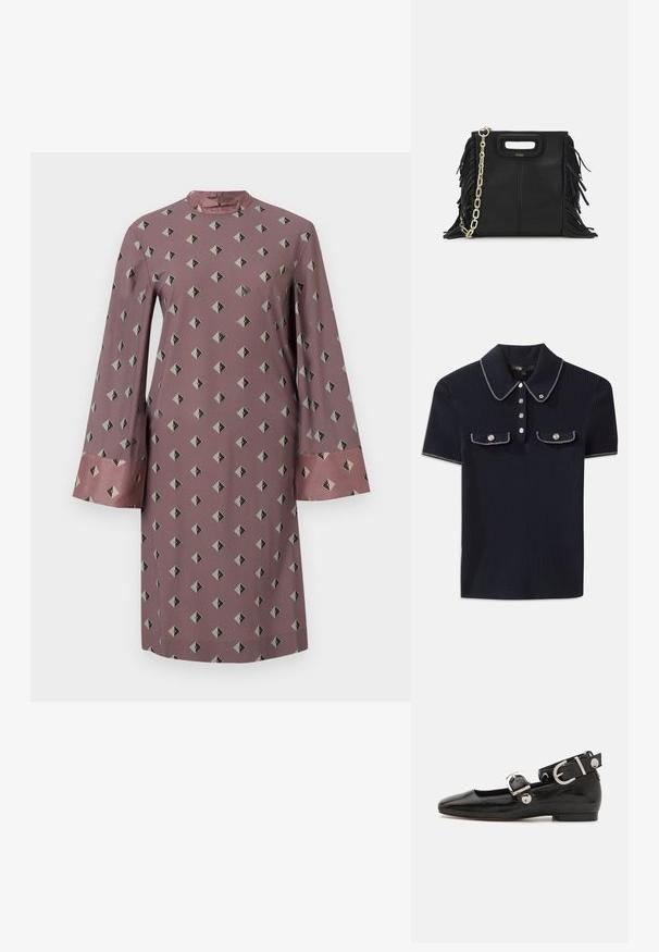 Vestido de manga larga en tela de rosa empolvado con un patrón geométrico de diamantes en gris oscuro y negro, con puños de satén en contraste.; Polo de rayas marino con cuello puntiagudo, mangas cortas y dos bolsillos frontales con botones a presión; destacado con costuras en blanco.; Zapato plano de charol negro con punta cuadrada, correa de tobillo con herrajes de plata y suela plana. Textura suave con diseño minimalista.; Bolso de mano de cuero negro con detalles de flecos, correa de cadena dorada para el hombro y un asa con corte. Presenta una colocación del logotipo en la parte frontal.