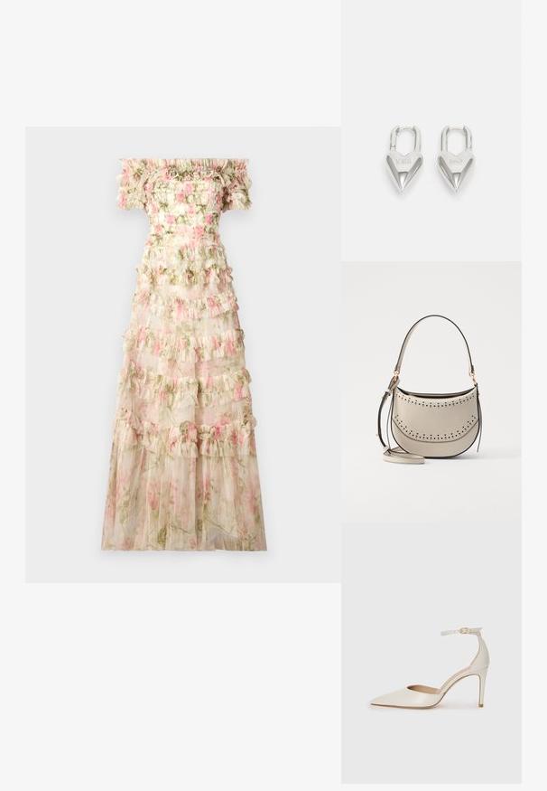 Needle & Thread ROSE LISETTE OFF SHOULDER GOWN - Apģērbs svinīgiem gadījumiem - moonshine/pink; Baltas ādas augstpapēžu kurpes ar smailu purngala daļu, potītes siksniņu un šauru stiletto papēdi. Gluda tekstūra ar smalku spīdumu.; Vanessa Bruno MINI DAILY BAG - Rokassoma - ivoire; Sudraba sirdī formas piekariņi ar iegravētiem "JĀ" un "NĒ" tekstiem, pulēta apdare, simetrisks dizains un izturīgs metāla aizdare.