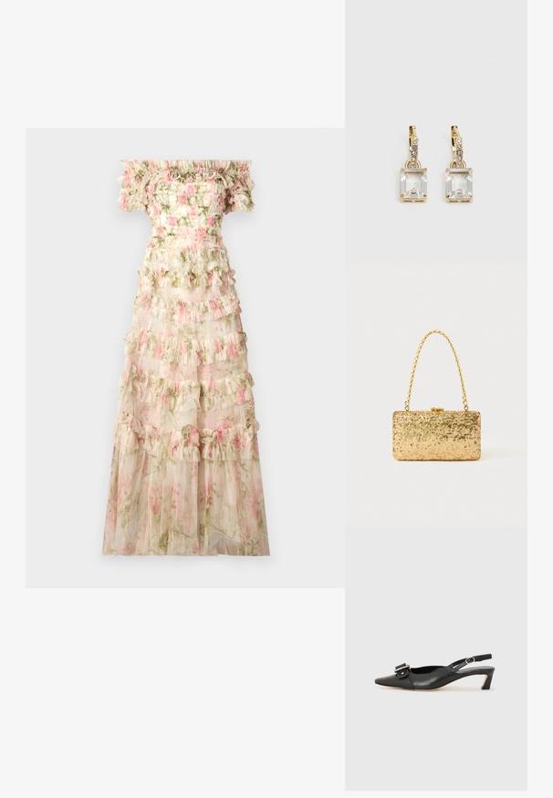 Needle & Thread ROSE LISETTE OFF SHOULDER GOWN - Îmbrăcăminte de ocazie - moonshine/pink; Pantofii negri din piele cu toc mic, vârf ascuțit și detaliu decorativ cu cataramă pe partea superioară. Textură netedă, design minimal.; Clutch din paiete aurii, cu o formă rectangulară, având un mâner din lanț croit și o închidere cu clapetă metalică, reflectând lumina cu un finisaj texturat.; Cercei aurii care prezintă un cristal clar, rectangular, suspendat sub un rând de accente mici, rotunde, clare. Design elegant și modern.