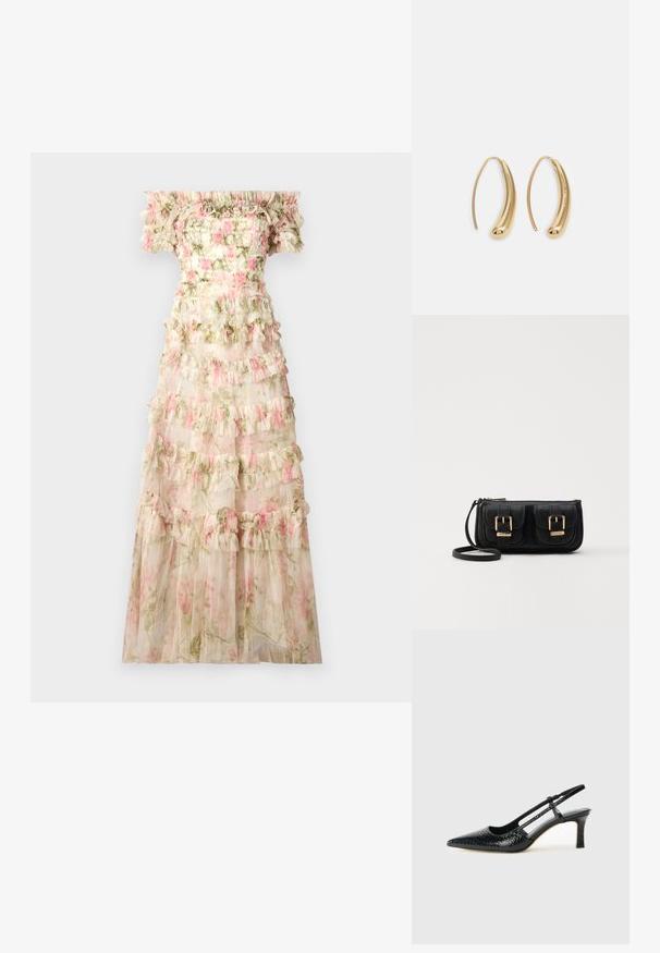 Needle & Thread ROSE LISETTE OFF SHOULDER GOWN - Pidulikud riided - moonshine/pink; Mustmust paelad, millel on terav varvas, tekstuuriga maduprindiga, reguleeritav rihm ja lühike tekstuuriga plokknina.; Must küllastamata nahast õlakott, millel on kaks esist nähtavat taskut, kuldsed pandlad, tõmblukuga sulgemine ja peen rihm. Tekstuuriga pind ja kompaktne ristkülikukujuline kuju.; Kuldtoonilised metallist rõngas kõrvarõngad, millel on kõver ja piklik kuju. Omavad siledat, läikivat pinda ja ümarat tipptugevdust, mis lisab detaili.