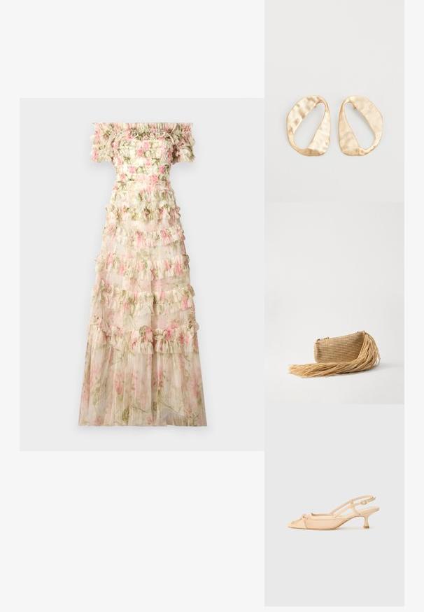 Needle & Thread ROSE LISETTE OFF SHOULDER GOWN - Vestido de fiesta - moonshine/pink; Stuart Weitzman KITTY - Tacones - beige/barely beige; Cult Gaia VIERA - Clutch - natural; Un par de pendientes de metal dorado en forma de óvalo irregular con una superficie texturizada y ligeramente martillada sobre un fondo blanco.
