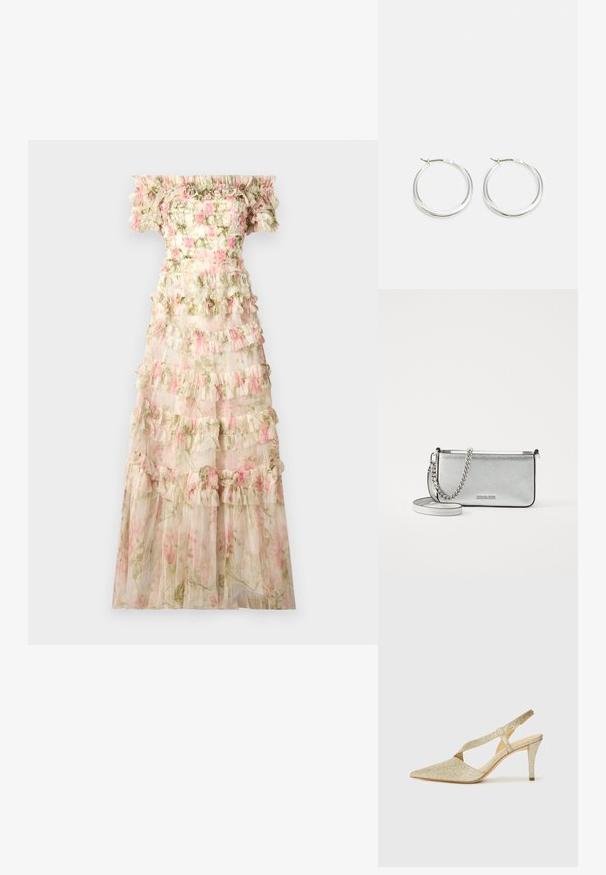 Needle & Thread ROSE LISETTE OFF SHOULDER GOWN - Alkalmi viselet - moonshine/pink; Csillogó arany slingback pump, hegyes orral, vékony bokapánttal és karcsú sarokkal. A felszíne texturált fémes hatású.; Ezüst bőr keresztpántos táska texturált felülettel, lánc- és pántdíszítéssel, valamint cipzáras záródással. Elöl logó található.; A ezüst karika fülbevalók sima, lekerekített formájúak, vékony profilúak és biztonságos zárással rendelkeznek. Minimalista stílus, fényes befejezéssel.