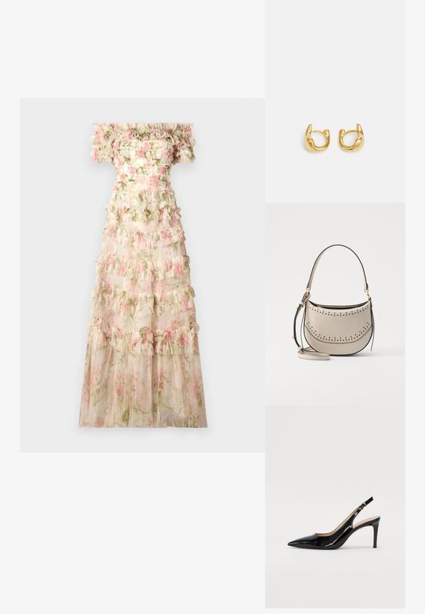 Needle & Thread ROSE LISETTE OFF SHOULDER GOWN - Oblačila za posebne priložnosti - moonshine/pink; Črne lakirane slingback čevlje z izostrenim nosom, ozkim peto in subtilnim izrezom. Na traku je zlata sponka.; Vanessa Bruno MINI DAILY BAG - Torbica - ivoire; Zlate uhane v obliki obroča z gladkim, zaobljenim dizajnom in sijajno obdelavo. Uhane odlikuje kompaktna, debela oblika in brezšivna sponka.