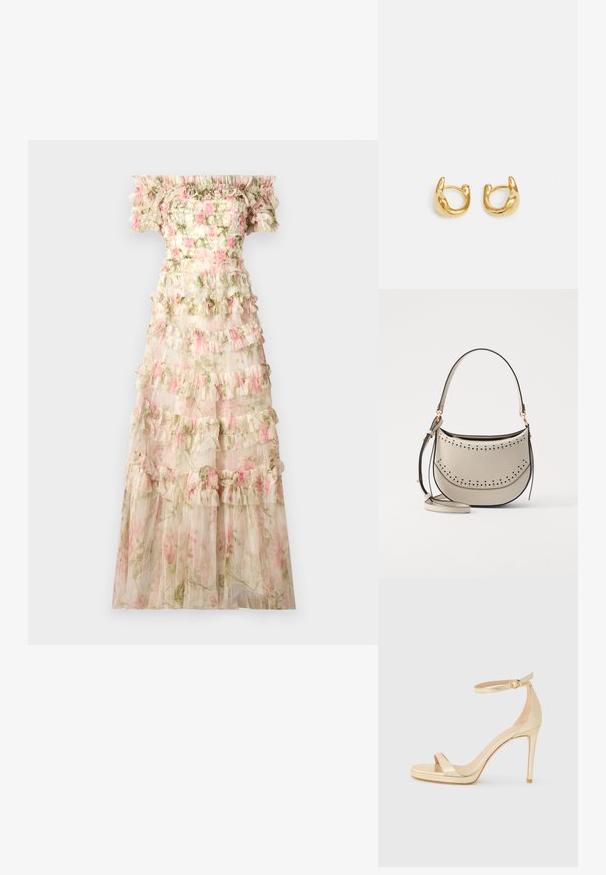 Needle & Thread ROSE LISETTE OFF SHOULDER GOWN - Proginė apranga - moonshine/pink; Auksinės metalinės aukštakulnės basutės su atvira nosimi, kulkšniai skirtu diržu su sagtimi ir platforma, suteikiančia papildomo aukščio. Lygi tekstūra.; Vanessa Bruno MINI DAILY BAG - Rankinė - ivoire; Auksiniai auskarai-žiedai su lygiu, apvaliu dizainu ir blizgiu paviršiumi. Auskarai turi kompaktišką, masyvų forma ir be siūlių užsegimą.