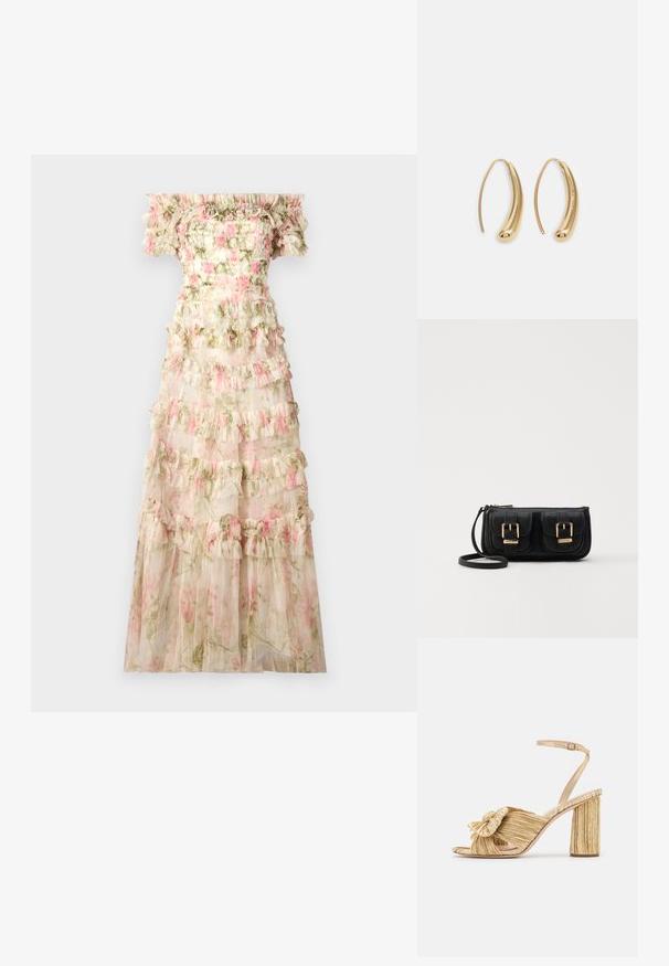 Needle & Thread ROSE LISETTE OFF SHOULDER GOWN - Svečana odjeća - moonshine/pink; Zlatne sandale s potpeticom, s čvorastim prednjim dijelom, nabranom teksturom i remenom oko gležnja. Blok-potpeta ima rebrasti dizajn koji poboljšava prianjanje.; Crna kožna torba preko ramena s dva prednja džepa, zlatnim kopčama, zatvaranjem na zip i uskim remenom. Teksturirana površina i kompaktan pravokutan oblik.; Zlatne metalne naušnice u obliku obruča s zakrivljenim, izduženim oblikom. Imaju glatku, sjajnu površinu i zaobljeni vrh za dodatni detalj.