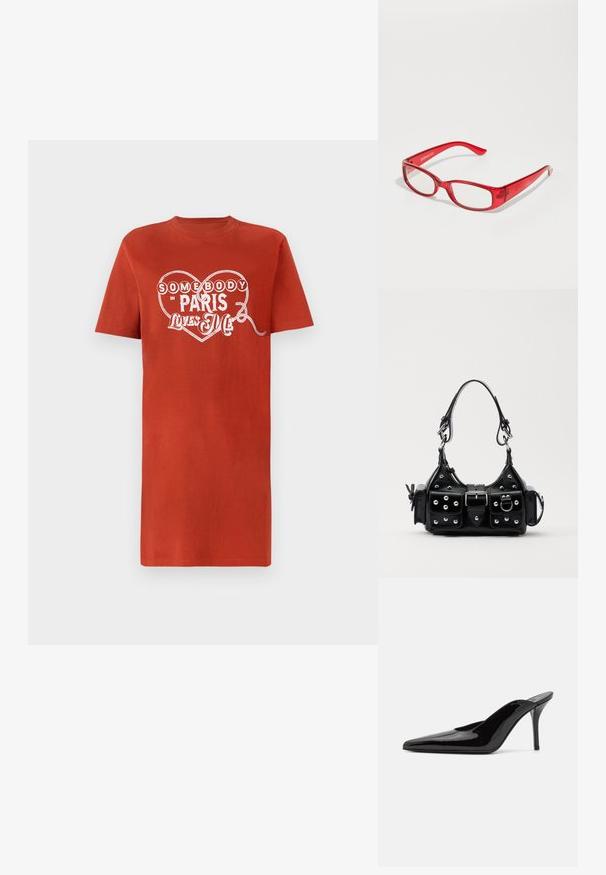Rdeča bombažna majica s kratkimi rokavi, ki ima bele srčne grafike in napis "Nekdo v Parizu me ima rad." Gladko teksturo.; Črne patentirane čevlje s peto, z usko silhueto in koničastim nosom, z odprtim hrbtom in vitko stiletto peto.; Rdeče plastične očalne okvirje s pravokotnim okvirjem, prozornimi lečami in tankimi ročaji. Logotip blagovne znamke "even&odd" je vtisnjen na stranskem delu.; Črna usnjena torbica s ukrivljenim dizajnom, ki vsebuje srebrne žebljičke, zaponko in dve stranski žepki. Nastavljiv trak za različne možnosti nošenja.