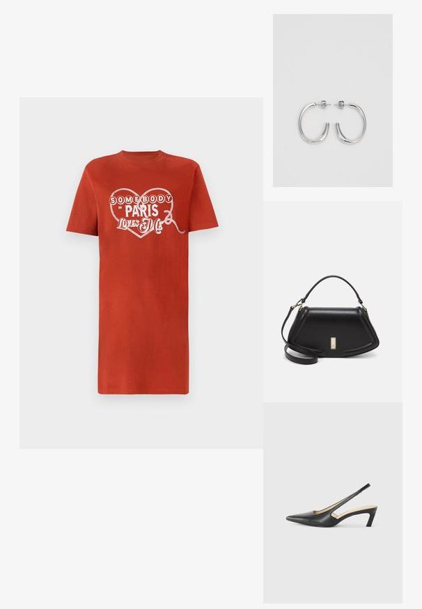 Punainen puuvillapaita lyhyillä hihoilla, jossa on valkoinen sydänkuvio ja teksti "Joku Pariisissa rakastaa minua." Sujuva rakenne.; Musta, kärjeltään terävä slingback-kengä, jossa on matala korko. Kengässä on sileä nahkamateriaali ja sivuilla leikkaukset hengittävyyttä varten.; Mustalla nahkalaukulla, jossa on jämäkkä muotoilu, lyhyt malli, yläkahva ja kultaiset yksityiskohdat. Säädettävä olkahihna sisältyy.; Hopeiset korvarenkaat, joissa on sileä ja kiiltävä pinta, kaareva muoto ja piikkikiinnitys. Minimalistinen muotoilu modernilla viimeistelyllä.