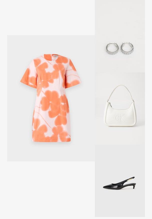 Šviesiai rožinė su trumpomis rankovėmis suknelė, puošta oranžinės spalvos gėlių raštu. Paprastas, apvalus iškirpimas ir tiesus siluetas.; Juodas odinis pavasario batelių modelis su smailiu nosiu, turintis siaurą kulniuką ir auksinės spalvos akcentu reguliuojamoje juostoje. Lygi tekstūra.; Balta odinė rankinė su išlenkta forma, su reljefiniu "CK" logotipu priekyje ir viena petneša. Užtrauktuko uždarymas viršuje.; Sidabrinės auskarų žiedai su tekstūruotu dizainu, turinčiu vertikalias briaunas. Apskritimo forma su saugiu užraktu. Lygi apdaila.