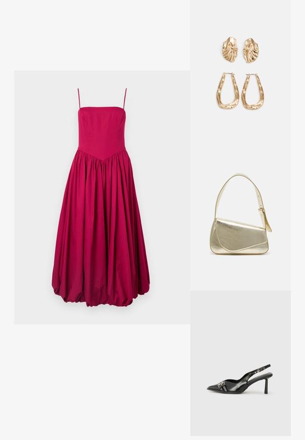 Vestido sin mangas en fucsia con un cuerpo ajustado y una falda acampanada y fruncida. Hecho de una tela suave, con una costura en forma de V en la cintura.; Zapato de charol negro tipo slingback con punta afilada, correas al tobillo con hebillas y herrajes de plata, y un tacón delgado.; Bolso de mano metálico dorado con un diseño estructurado, textura suave y correa ajustable. Presenta una forma triangular única y un cosido minimalista.; Pendientes en tono dorado que presentan formas texturizadas y onduladas. Incluyen aros de clip esculturales y un diseño de aro abierto con un acabado martillado.