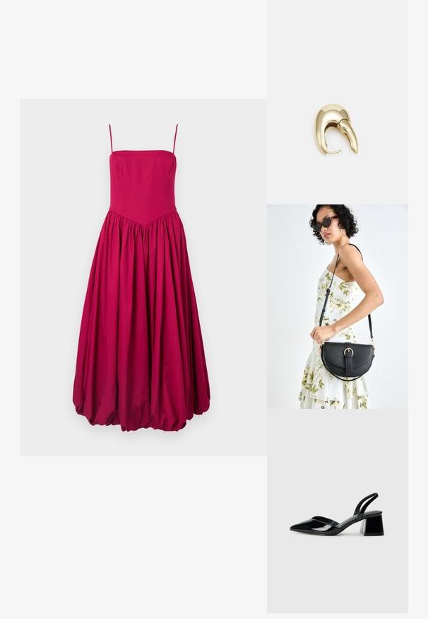 Robe sans manches fuchsia avec un corsage ajusté et une jupe évasée froncée. Fabriquée en tissu doux, elle présente une couture en V à la taille.; Escarpins en cuir verni noir avec bout pointu et talon bloc géométrique. Présente un design élégant et minimaliste ainsi qu'une texture lisse.; Sac à main en cuir noir avec une forme courbée, bandoulière amovible et des accessoires en or. Le sac est doté d'un rabat avec un détail de boucle.; Boucle d'oreille en métal doré avec un design élégant et courbé. Présente une forme conique distinctive, une surface polie et une fermeture à charnière.