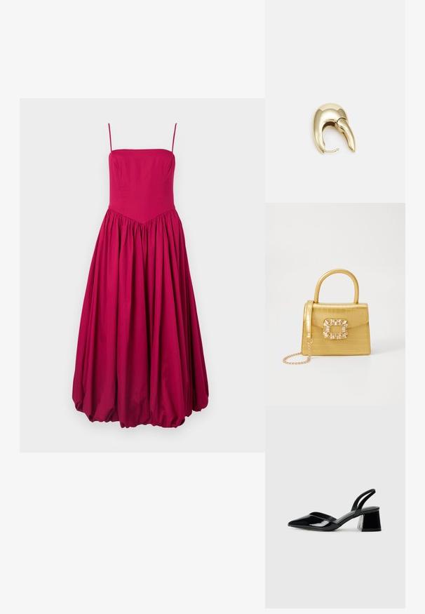 Fuksija haljina bez rukava s uklopljenim dijelom i raširenom, naboranom suknjom. Izrađena od glatkog materijala, s v-oblikovanim šavom na struku.; Crne lakirane kožne sandale s otvorenom petom i špicastim vrhom, s geometrijskom blok petom. Imaju elegantan, minimalistički dizajn i glatku teksturu.; Žuta torbica od umjetnog krokodila sa strukturiranim dizajnom, gornjom ručkom, odvojivim lančićem i dekorativnim kristalnim ukrasom na kopči.; Zlatne metalne naušnice s elegantnim, zakrivljenim dizajnom. Imaju karakterističan šiljast oblik, poliranu površinu i zatvaranje na šarku.