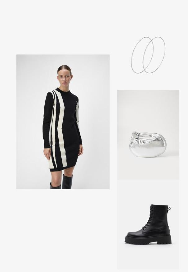 Knit dress in black and cream with vertical striped patterns. Features a crew neckline and long sleeves, made from a soft texture.; Black leather ankle boots with a round toe, lace-up front, and a thick rubber sole featuring a textured tread. Pull tab at the back.; Silver metallic pouch bag with a soft, rounded shape and a knotted top closure. Made from smooth faux leather material.; Silver hoop earrings with a minimalist design. Circular shape, smooth texture, and thin profile. Lightweight with a polished finish.