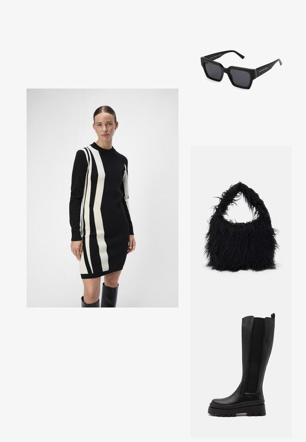 Strickkleid in Schwarz und Creme mit vertikalen Streifenmustern. Verfügt über einen Rundhalsausschnitt und lange Ärmel, hergestellt aus einem weichen Material.; Schwarze knielange Stiefel aus glattgenarbtem Leder mit elastischen Seitenpaneelen, derber Plateausohle und gerillter Textur an der Unterseite.; Schwarze quadratische Sonnenbrillen mit dicken Rahmen und dunklen Gläsern. Verfügt über eine Markenkennzeichnung am Bügel. Glatte Oberfläche mit matter Textur.; Even&Odd Shopping Bag - black