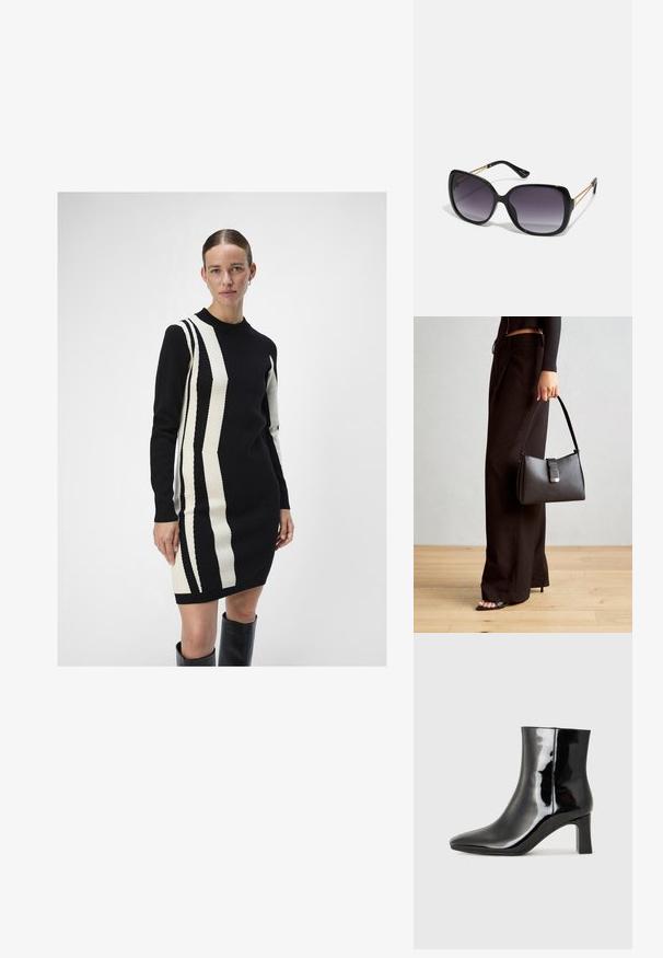 Vestido de punto en negro y crema con patrones de rayas verticales. Cuenta con un escote redondo y mangas largas, fabricado en un material suave.; Botín de charol negro con punta afilada y un tacón de bloque de altura media. Textura suave y diseño minimalista.; Gafas de sol negras de gran tamaño con lentes degradados, montura gruesa y detalles de cadena en tono dorado en las patillas.; Bolso negro con forma estructurada, textura suave y un cierre metálico. Combinado con pantalones anchos negros y sandalias de dedo en un suelo de madera.