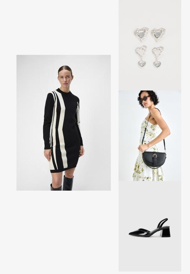 Knit dress in black and cream with vertical striped patterns. Features a crew neckline and long sleeves, made from a soft texture.; Black patent leather slingback heels with a pointed toe and a geometric block heel. Features a sleek, minimal design and smooth texture.; Black leather handbag with a curved shape, detachable strap, and gold hardware. The bag features a flap with a buckle detail.; Silver heart-shaped earrings feature faceted clear stones, with a textured frame. The set includes stud and drop styles.