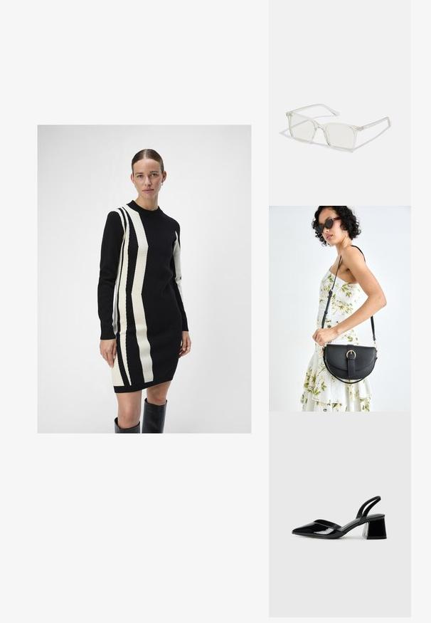 Adīta kleita melnā un krēmkrāsā ar vertikālām svītrām. Aprīkota ar noapaļotu kakla izgriezumu un garām piedurknēm, izgatavota no mīksta auduma.; Melna lakota āda ar atvērto papēdi, ar smailu purngalu un ģeometrisku blokpapēdi. Iezīmējas elegants, minimāls dizains un gluda tekstūra.; Caursplūstošas kvadrātveida brillēs ar caurspīdīgiem lēcām, ar zelta akcentiem uz tempļiem, lai pievienotu detaļas.; Melnas ādas rokassoma ar izliekta formu, noņemamu siksnu un zelta aksesuāriem. Somai ir vāciņš ar sprādzes detaļu.