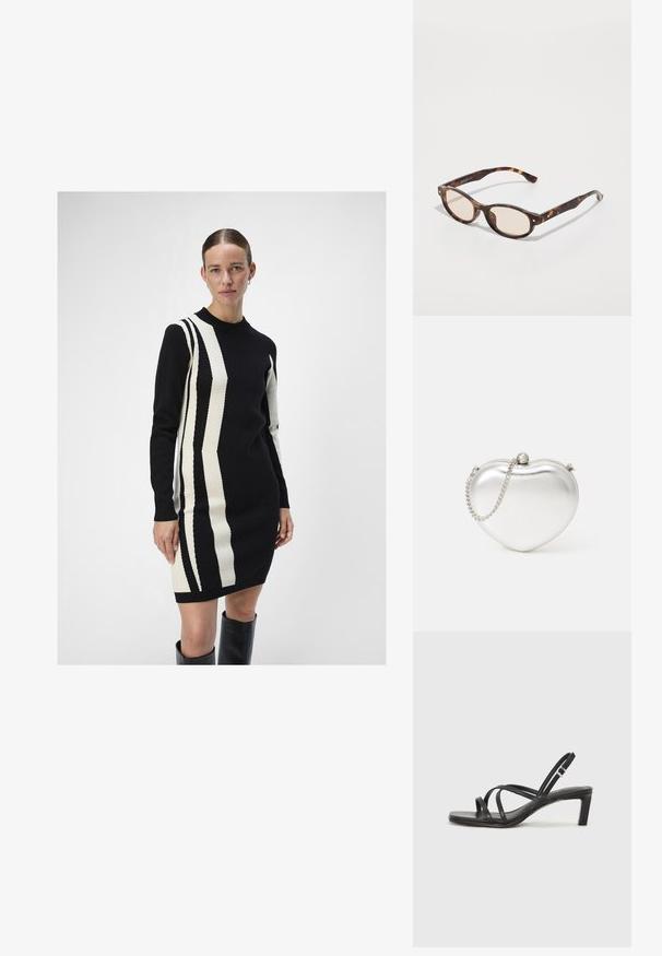 Pulover haljina u crnoj i krem boji s vertikalnim prugastim uzorcima. Ima okrugli izrez i duge rukave, izrađena je od mekog materijala.; Crne sandale s trakama, kvadratnim prstom i niskom blok petom. Ima više tankih trakica i podesivu trakicu oko gležnja. Izrađene su od glatke kože.; Naocale u obliku sunca s kornjačevinom i okruglim oblikom, laganim lećama. Imaju čvrste ručke s malim zlatnim detaljima, izrađene od plastičnog materijala.; Clutch torba u obliku srca, metalik srebrne boje, sa glatkom teksturom, zatvaranjem na kopču i srebrnom lancem.