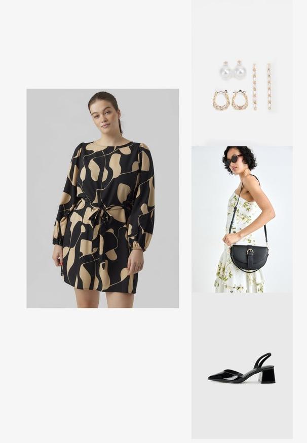 Černé šaty s abstraktním krémovým vzorem, dlouhými nafouknutými rukávy, páskem na zavázání v pase a kulatým výstřihem; lehká tkanina s texturovaným povrchem.; Černé lakované kožené lodičky na pásku s špičatou špičkou a geometrickým blokovým podpatkem. Vyznačují se elegantním, minimalistickým designem a hladkým povrchem.; Černá kožená kabelka s křivkovým tvarem, odnímatelným popruhem a zlatými detaily. Kabelka má klopu s přezkou.; Tři páry náušnic: velké bílé perlové naušnice, zlaté kruhové naušnice s průhlednými drahokamy a dvě dlouhé, rovné zlaté naušnice s třpytivými detaily.