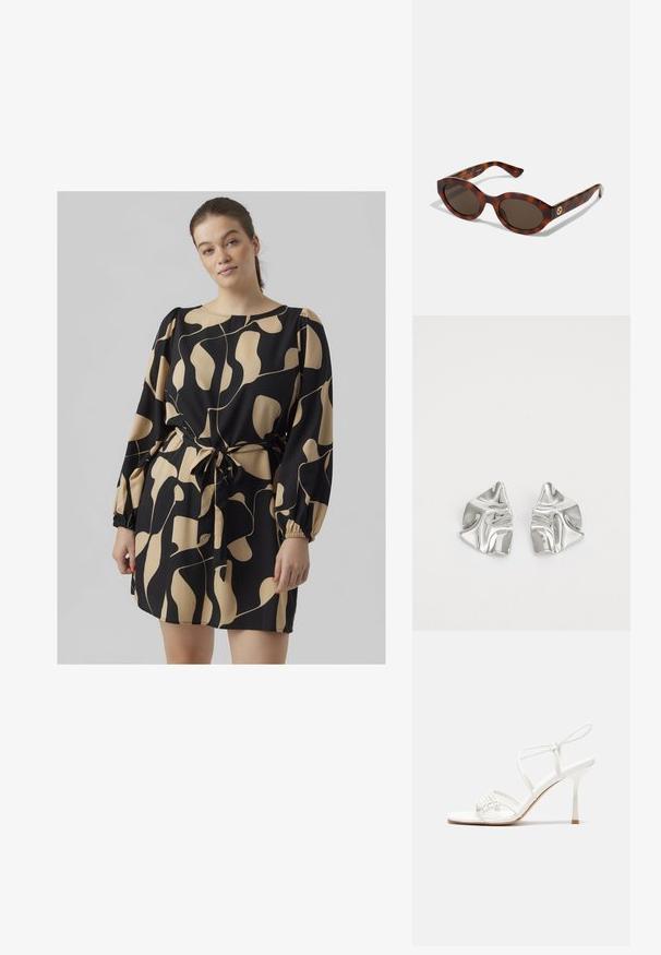 Melnas kleitas ar abstraktu krēma rakstu, garām puff piedurknēm, sasienamu jostasvietu unapaļo kakla izgriezumu; viegls audums ar teksturētu apdari.; Baltas striķu augstpapēžu sandales ar plakanu pirkstu daļu, teksturētu priekšpusi ar saveltiem akcentiem un šauru potītes siksniņu.; Tortoise krāsas saulesbrilles ar noapaļotiem ietvariem, tumšiem stikliem un zelta logotipa detaļām uz tempļiem. Gluda plastmasas materiāls, bez redzamām rakstu formām.; Sudraba metāla auskari ar viļņainu, skulpturālu dizainu, kas izceļas ar pulētu apdari un neregulārām formām, uzsverot mūsdienīgu estētiku.