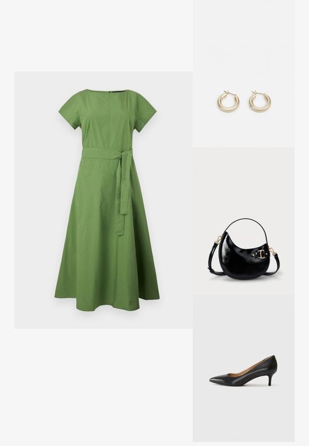 Grøn, knælængde kjole i bomuld med en tætsiddende overdel, korte ærmer og et bånd i taljen. Udviklet skørt med en glat tekstur og minimal syning.; Sorte læderpumper med spids tå, lav hæl og en glat tekstur. Har en let åbning foran og minimal hardware bagpå.; Sort patenteret lædertaske med en buet form, justerbar rem og detaljer i guldtonet metal på siden. Glat, skinnende overflade.; Lauren Ralph Lauren BASIC SMALL HOOP - Øreringe - gold-coloured