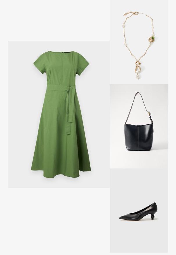 Robe verte, longueur genou en coton avec un corsage ajusté, des manches courtes et une ceinture à la taille. Jupe évasée avec une texture lisse et des coutures minimales.; Chaussure à talon haut en cuir noir avec un bout pointu et un talon arrondi. Texture lisse avec un design épuré et minimal.; Sac à épaule en cuir noir avec une texture lisse, doté d'une fine bandoulière longue et d'un discret détail cousu au centre.; Collier doré avec des maillons torsadés, perles blanches et une pierre verte en accent. Présente des détails raffinés et un fermoir pour la fermeture.