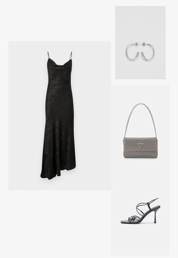 Fekete selyem maxi ruha állítható, vékony pántokkal, csónaknyakkivágással és virágmintás textúrával, amely az anyagon végigfut. A vonalú sziluett.; Fekete magas sarkú szandálok vékony pántokkal, csomózott mintával, sima négyzetes orral és karcsú stiletto sarkal rendelkeznek.; Világosszürke fémes kézitáska lánc pánttal, kis kör alakú fém kifinomult díszítéssel és háromszög alakú márkagéppel.; Ezüst karika fülbevalók sima, fényes felülettel. Lekerekített forma, könnyű kialakítással, tűs zárómechanizmussal.