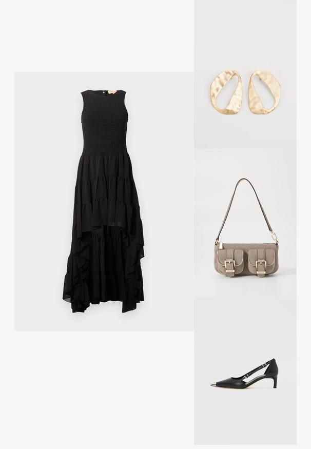 Crna haljina bez rukava s nabribanom korzetom i višeslojnim volanima, koja ima asimetričnu dužinu i laganu, lepršavu tkaninu.; Crni kožni kitten heel s nazubljenim srebrnim vrhom i dvostrukim remenčićima na bijeloj pozadini.; Bež torbica teksture s podesivim remenom, dva prednja džepa osigurana kopčama i detaljima od zlata. Zatvaranje na zipu na vrhu.; Par zlatnih metalnih naušnica nepravilnog ovalnog oblika s teksturiranom, blago kovanom površinom na bijeloj pozadini.