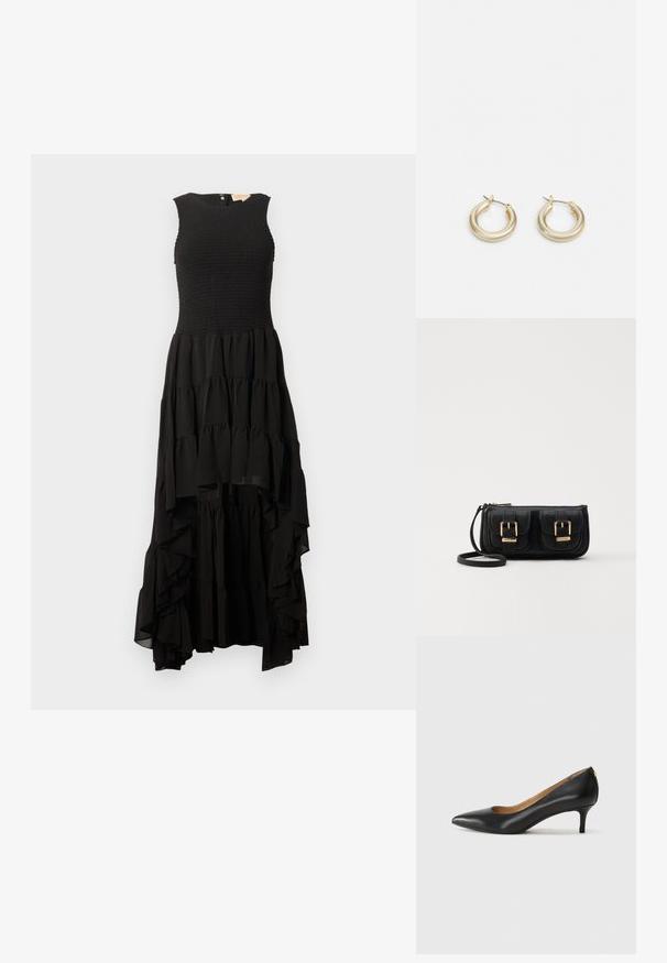 Czarna sukienka bez rękawów z marszczonym stanikiem i falbaniastej spódnicy, z wysokim tyłem i lekkim, zwiewnym materiałem.; Czarne skórzane szpilki z wąskim noskiem, niskim obcasem i gładką fakturą. Posiadają lekko otwarte przody i minimalne okucia z tyłu.; Czarna skórzana torba na ramię z dwoma przednimi kieszeniami, złotymi klamrami, zamkiem błyskawicznym i cienkim paskiem. Teksturowana powierzchnia i kompaktowy prostokątny kształt.; Lauren Ralph Lauren BASIC SMALL HOOP - Kolczyki