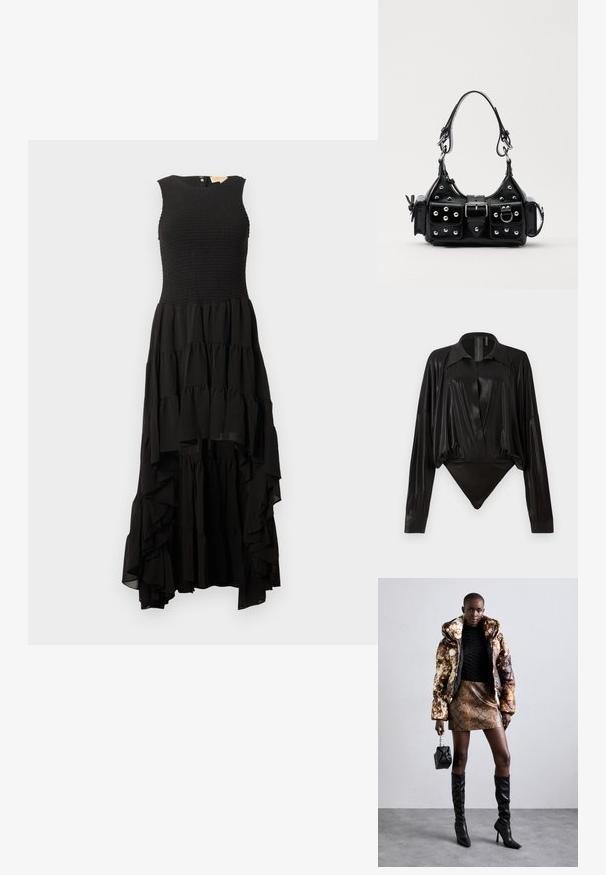 Rochie neagră fără mâneci, cu corset smocat și fustă cu volane în straturi, având un tiv asimetric și material ușor și fluid.; Body negru cu mâneci lungi, decolteu în V și o siluetă ajustată. Fabricat dintr-un material lucios și neted, cu guler structurat și manșete.; Jachetă puffer cu un model maro și negru, asortată cu o fustă mini din piele de șarpe maro, cizme negre până la genunchi și o geantă mică neagră.; Geantă de piele neagră cu un design curbat, dotată cu studuri argintii, o cataramă și două buzunare laterale. Curea ajustabilă pentru opțiuni de transport.