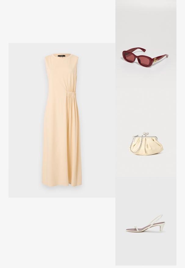 Ujjatlan midi ruha világos bézs színben, oldalon ráncolt részletekkel. Puha anyagból készült, kerek nyakkivágással és laza fazonnal.; Fehér, pántos szandál enyhe sarokkal, vékony pántokkal és sima bőr textúrával; kis díszítő csattal rendelkezik.; Piros műanyag napszemüveg téglalap alakú kerettel, árnyékolt lencsékkel és arany logóval a szárakon. Simább, fényes felület.; Pleátolt bézs bőr válltáska ezüst fém kerettel, két kerek díszcsattal és ezüst lánc pánttal.