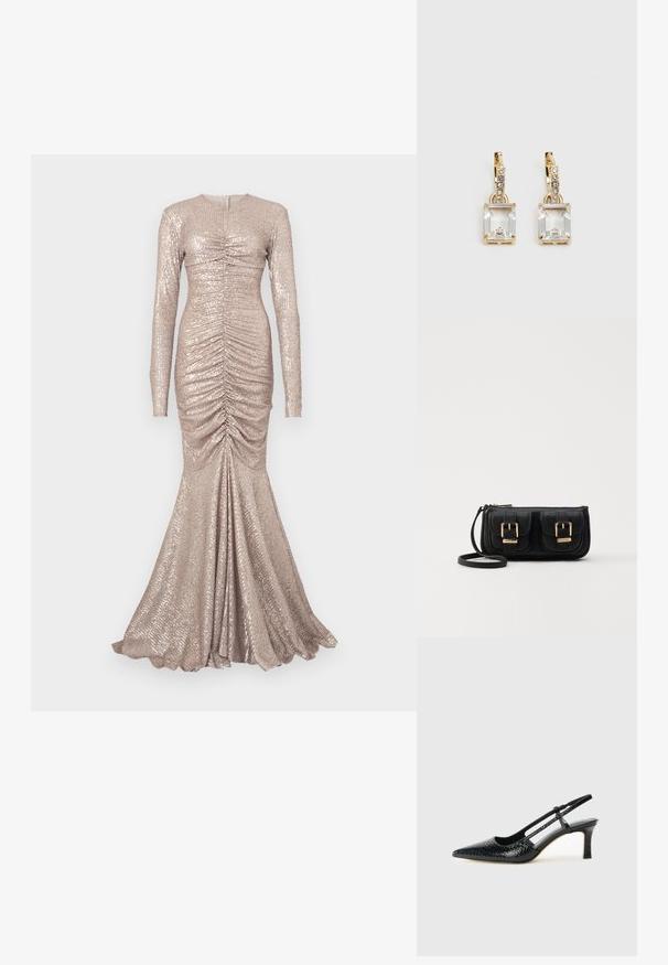 Vestido de evening de manga longa e ajustado em rosa dourado, com detalhes franzidos e bainha evasê. Feito de tecido com lantejoulas e uma textura suave.; Salto slingback em patente preta com bico apontado, apresentando um padrão de pele de cobra texturizado, tira ajustável e um salto bloco curto e texturizado.; Bolsa de ombro em couro preto com dois bolsos frontais, fivelas douradas, fecho de zíper e uma alça fina. Superfície texturizada e forma retangular compacta.; Brincos em tom de ouro com um cristal retangular claro pendurado abaixo de uma linha de pequenos acentos redondos claros. Design elegante e moderno.