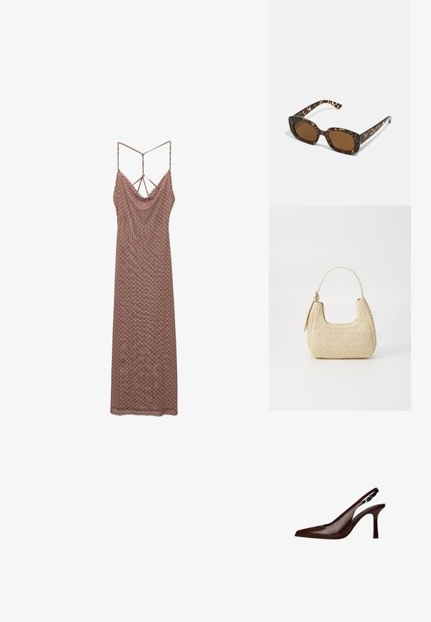 Brązowa sukienka w kropki z drapowanym dekoltem, cienkimi ramiączkami i ozdobnym tyłem, wykonana z lekkiego materiału.; Brązowe skórzane sandały typu slingback z ostrym noskiem i cienkim obcasem. Posiadają małą klamrę akcentującą na pasku oraz błyszczące wykończenie.; Okulary przeciwsłoneczne w kratkę z zaokrągloną, grubą oprawą i brązowymi soczewkami. Posiadają subtelne wzory oraz proste, zwężane zauszniki.; Torebka z plecionego słomy w odcieniu beżowym o zaokrąglonym kształcie, z krótkim uchwytem i bocznym zamkiem błyskawicznym. Posiada teksturowaną powierzchnię i minimalistyczny design.