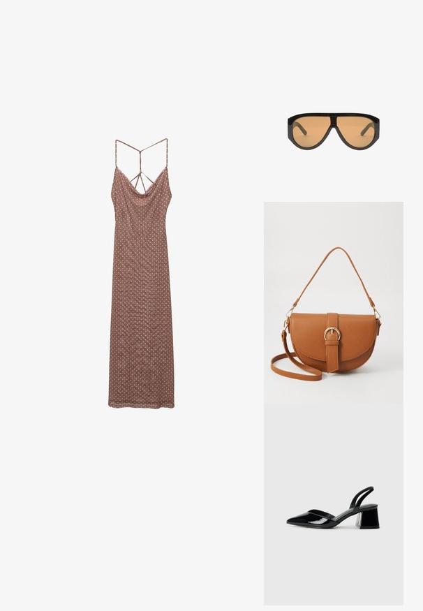 Rochie cu buline maro, cu decolteu drapat, bretele subțiri și un design cu spate accesorizat, realizată dintr-un material ușor.; Pantofi cu toc slingback din piele lacuită neagră, cu vârf ascuțit și toc geometric. Prezintă un design elegant, minimalist și o textură netedă.; Ochelari de soare negri supradimensionați, cu lentile maro, având rame largi și unghiulare și brațe drepte. Finisaj neted, lucios, cu minim de accesorii.; Geantă din piele maro, tip crossbody, cu o formă curbată, accesorii aurii și un accent cu cataramă. Dispune de un curea de umăr detașabilă.