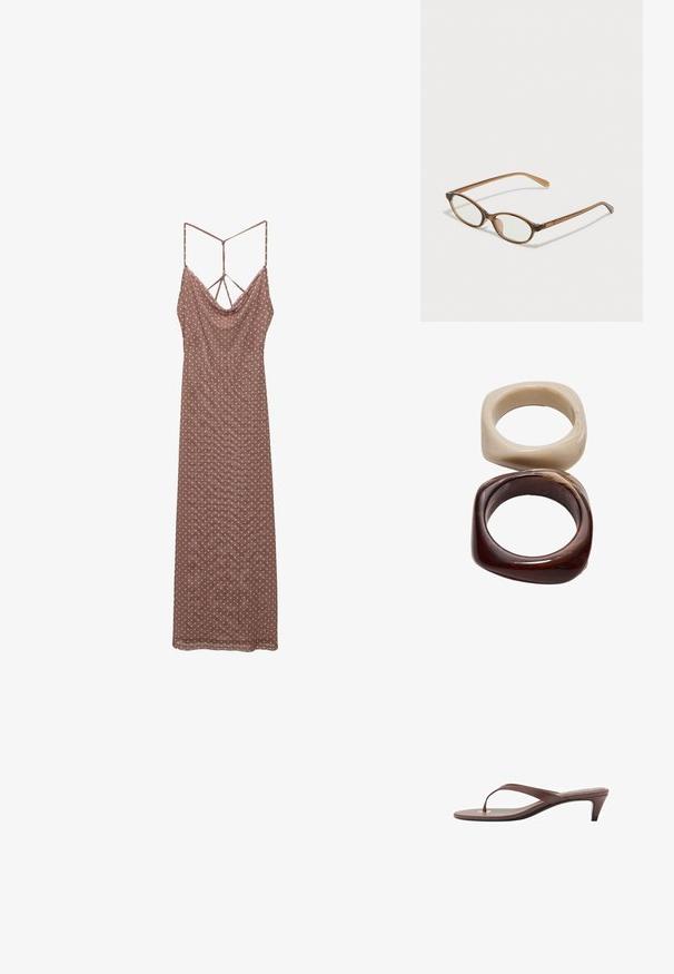 Robe brune à pois avec un décolleté drapé, des fines bretelles et un dos à lanières, fabriquée à partir d'un tissu léger.; Sandale à talons brune avec une fine lanière et un entre-doigts arrondi, arborant un petit accent doré sur le semelage.; Lunettes en écaille de tortue marron avec des verres ovales, des branches fines et des accents transparents. Présente un logo subtil sur la branche. Design élégant et léger.; Stradivarius SET - Bracelet - dark brown