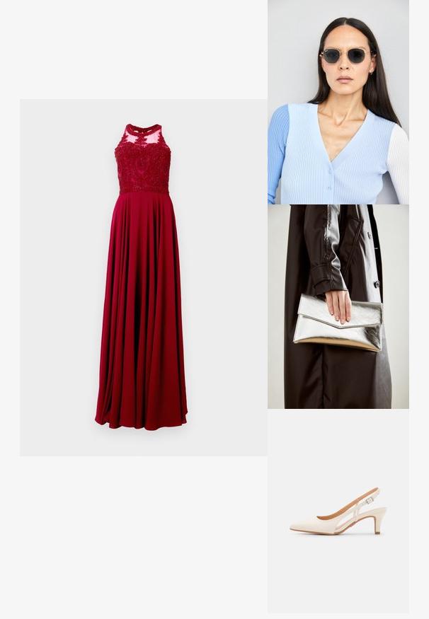 Pitkä punainen mekko, jossa on tiukka vartalo ja monimutkainen helmikoriste sekä valuvat hameet. Materiaali näyttää sileältä ja siinä on hienovarainen kiilto.; Valkoinen slingback-korkokenkä, jossa on terävä kärki, sileä päällismateriaali, matala lohkokorko ja sivuaukko-design säädettävällä soljella.; Pyöreät aurinkolasit, joissa on tummat linssit ja kultaiset kehykset. Mallilla on päällään vaaleansininen, ribatusta materiaalista valmistettu neuletakki, jossa on napit ja kontrastiväriset valkoiset hihat.; Hopeinen metallinen clutch-angular kirjekuorimuotoilu, sileä pinta ja kontrastivärinen sisustus, pidetään kädessä, jossa on musta takki.