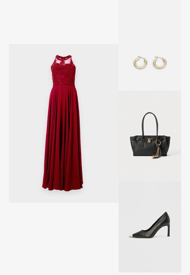 Duga crvena haljina s prilagođenim korzetom i složenim perlicama, uz lepršavu suknju. Materijal izgleda glatko s suptilnim sjajem.; Crna kožna cipela s visokim potpeticama, špicastim vrhom i metalnim srebrnim vrhom. Ima glatku završnu obradu i tanku petu visine 10 cm.; Crna kožna torba s dvostrukim ručkama, zlatnom bravicom i lancem kao detaljem, te crno-bijelim resicom kao dodatkom, sve na bijeloj pozadini.; Lauren Ralph Lauren BASIC SMALL HOOP - Naušnice - gold-coloured