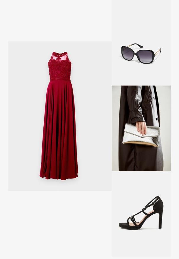 Ilgas raudonas suknelė su prigludusia liemenėle, papuošta sudėtingomis karoliukais ir laisvu sijonu. Medžiaga atrodo lygi su subtiliu blizgesiu.; Juodų suedinių aukštakulnių sandalų su kryžminėmis juostelėmis, dekoratyviniu sidabro atspalviu ir platforminiu padu papildomai aukštai.; Juodos didelės saulės akinių su pereinamais objektyvais, storomis rėmeliais ir auksinės spalvos grandinėmis ant šventyklų.; Sidabrinis metalinis rankinukas su kampuota vokų forma, sklandžiu paviršiumi ir kontrastinga vidine spalva, laikomas rankoje, apsirengusioje juoda striuke.