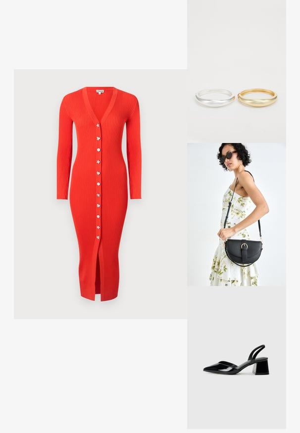 Punainen ribbineuleinen midi-mekko, jossa on syvä V-pääntie, pitkät hihat ja etupainike suljenta kukkamuotoisilla napeilla. Mukana etuleikkaus.; Mustat patentoitu nahkakengät, joissa on säären takaosa ja terävä kärki, sekä geometrinen palikkakorko. Sisältää tyylikkään, minimalistisen muotoilun ja sileän pinnan.; Musta nahkainen käsilaukku, joka on kaareva muotoilultaan, irrotettavalla hihnalla ja kultaisilla yksityiskohdilla. Laukussa on läppä, jossa on solk yksityiskohta.; Zign 2 PACK - Rannekoru - gold-coloured/silver-coloured