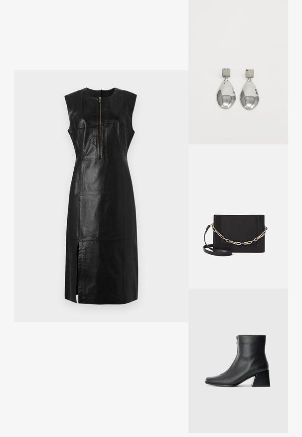 Černé kožené šaty bez rukávů s vysokým výstřihem, předním zipem a bočním rozparkem; mají přiléhavý střih a hladký povrch.; Černá kožená kotníková bota se čtveratým špičkou, bočním zipem a blokovým podpatkem na jednobarevném světlem pozadí.; Černá kožená crossbody taška s hladkým povrchem, obdélníkovým tvarem a kovovým řetízkem na přední straně. Součástí je nastavitelný popruh.; Stříbrné kapkové náušnice se čtvercovou například, s hladkým, lesklým povrchem a kapkovým tvarem, odrážející světlo lesklým povrchem.