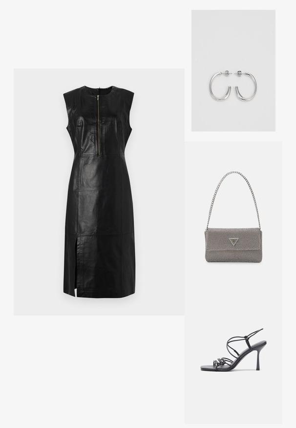 Fekete bőr ujjatlan ruha magas nyakkal, elöl cipzárral és oldalsó hasítékkal; testhez simuló szabással és sima textúrával rendelkezik.; Fekete magas sarkú szandálok vékony pántokkal, csomózott mintával, sima négyzetes orral és karcsú stiletto sarkal rendelkeznek.; Világosszürke fémes kézitáska lánc pánttal, kis kör alakú fém kifinomult díszítéssel és háromszög alakú márkagéppel.; Ezüst karika fülbevalók sima, fényes felülettel. Lekerekített forma, könnyű kialakítással, tűs zárómechanizmussal.