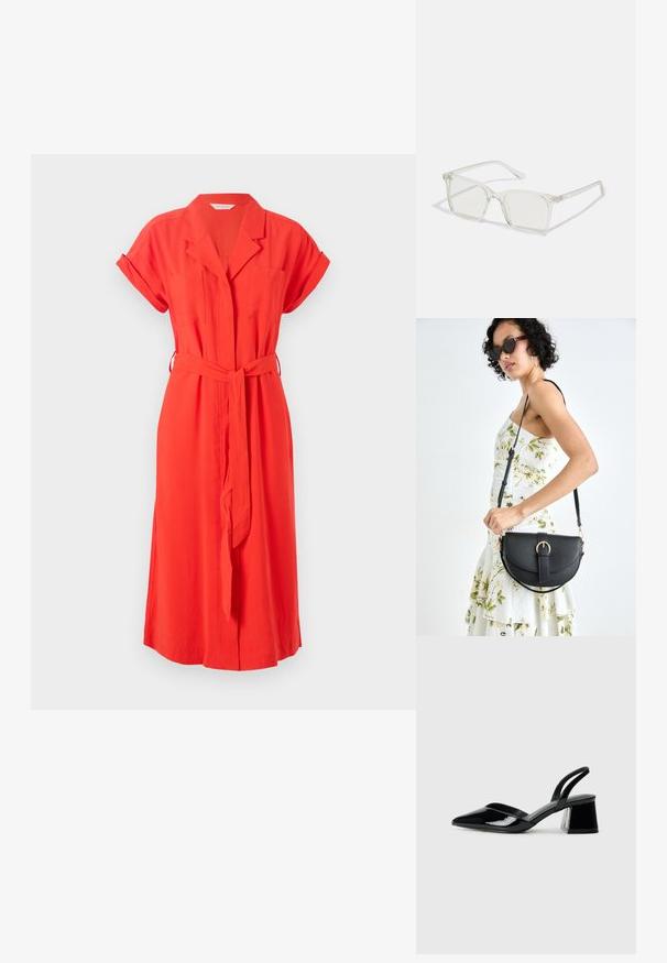 Crvena haljina s ovratnikom, kratkim prebačenim rukavima, pojasom i dva prednja džepa. Glatka tkanina s opuštenim krojem i midi dužinom.; Crne lakirane kožne sandale s otvorenom petom i špicastim vrhom, s geometrijskom blok petom. Imaju elegantan, minimalistički dizajn i glatku teksturu.; Prozirne plastične naočale kvadratnog okvira s prozirnim lećama, koje sadrže zlatne akcentne detalje na drškama.; Crna kožna torba s lukovitim oblikom, odvojivim remenom i zlatnim detaljima. Torba ima preklop s kopčom.
